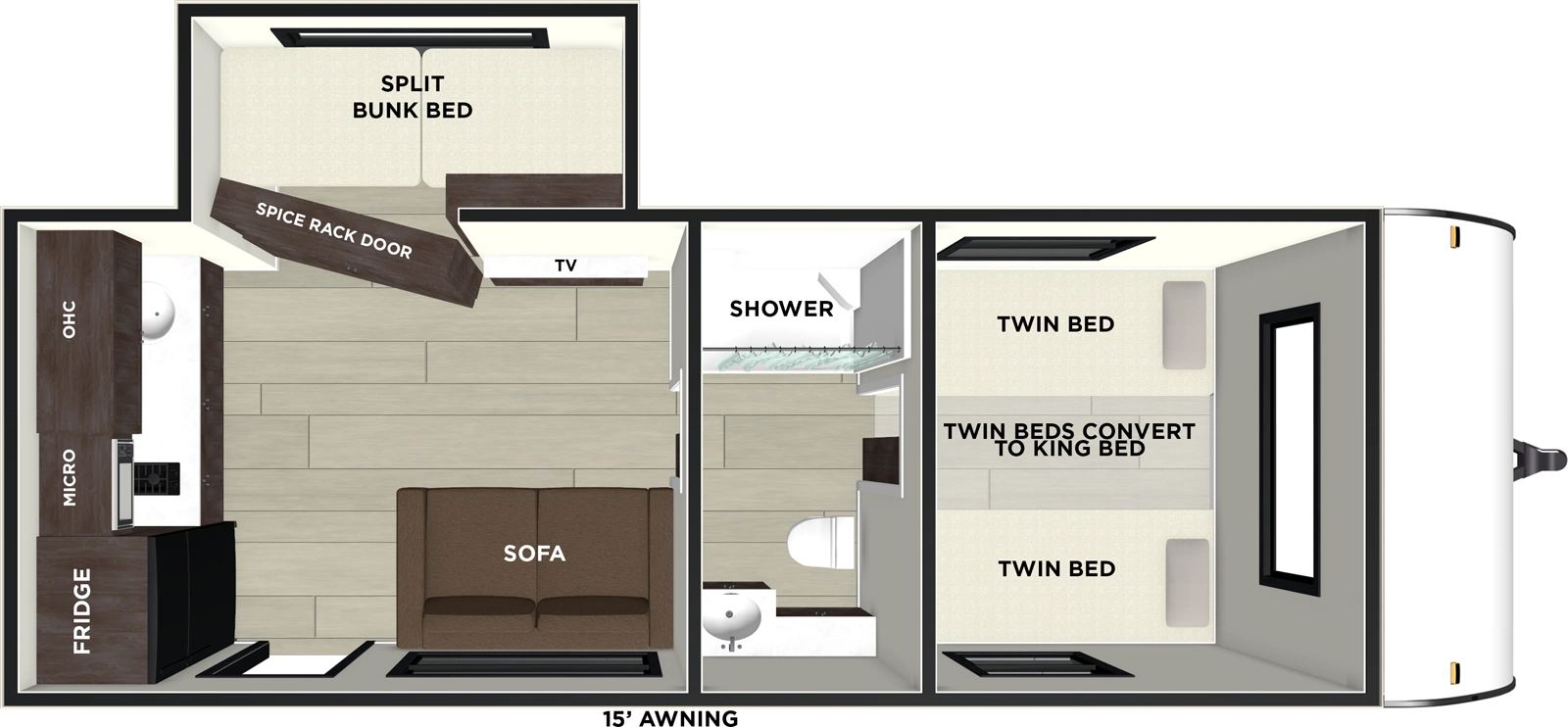 The Wildwood FSX 165RKS floorplan has one entry and one slide out. Exterior features include: fiberglass exterior and 15' awning. Interiors features include: bunk beds, rear kitchen, front bedroom and pass through bathroom.